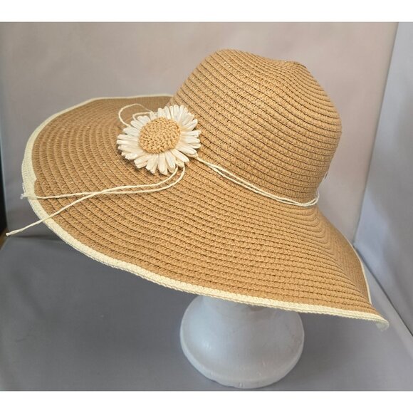 Wide Brim Floppy Straw Hat Daisy Flower Accent Natural Beige Summer beach nautic - Picture 4 of 10